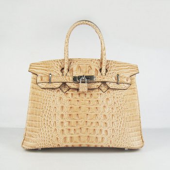 Hermes Birkin 35cm Crocodile Head Veins Handbags Earth Yellow Silver