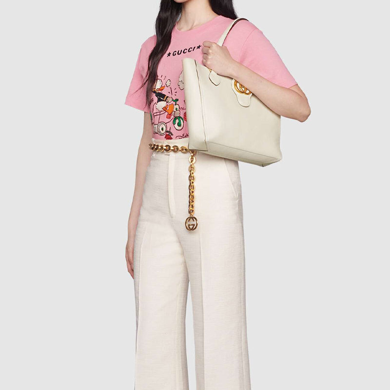 (WMNS) Gucci Gold Label Logo Leather Tote Shoulder Bag Small White Handbag 652680-1U10T-9022