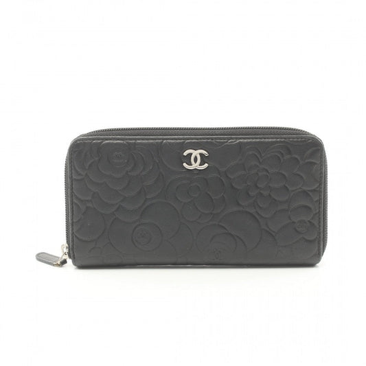 Chanel Lambskin Black Camellia Zip Around Wallet