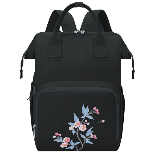 Large Capacity Diaper Backpack With Flower Embroidery