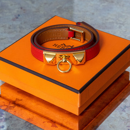 Hermes Rivale Double Tour Red Leather Bracelet Size XS