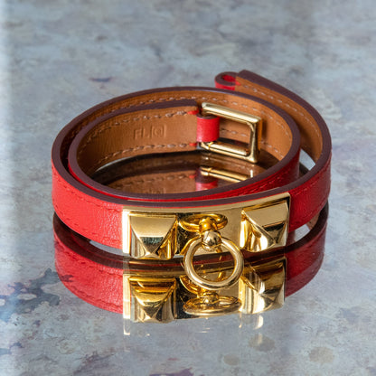 Hermes Rivale Double Tour Red Leather Bracelet Size XS