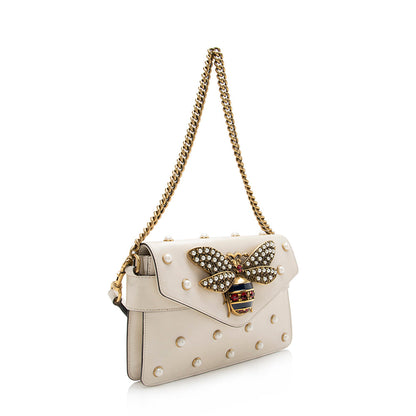 Gucci Calfskin Pearl Bee Broadway Mini Shoulder Bag (SHF-16367)