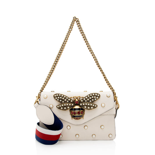 Gucci Calfskin Pearl Bee Broadway Mini Shoulder Bag (SHF-22409)