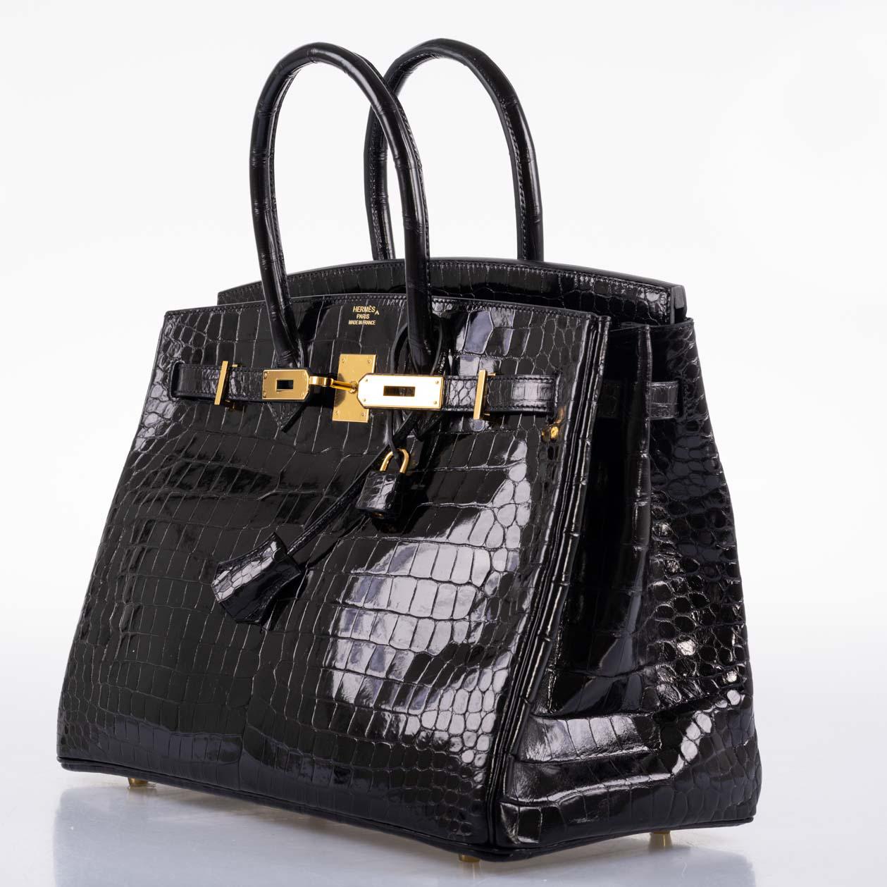 Hermes Birkin 35 Black Shiny Porosus Crocodile with Gold Hardware - 2017, A