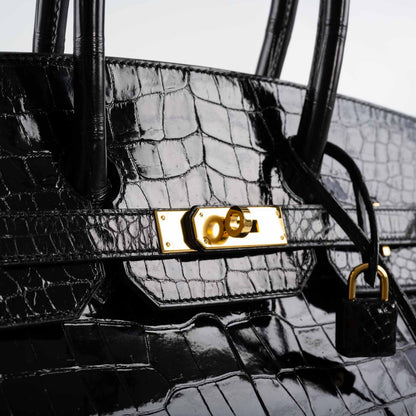 Hermes Birkin 35 Black Shiny Porosus Crocodile with Gold Hardware - 2017, A