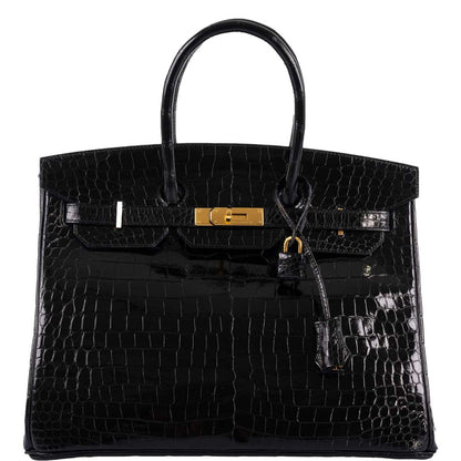 Hermes Birkin 35 Black Shiny Porosus Crocodile with Gold Hardware - 2017, A