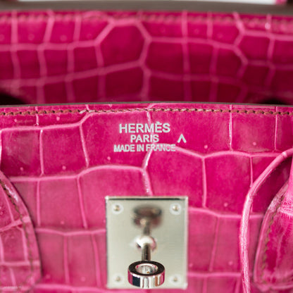 Hermes Birkin 35 Fuchsia Porosus Crocodile with Palladium Hardware - 2011, O Square