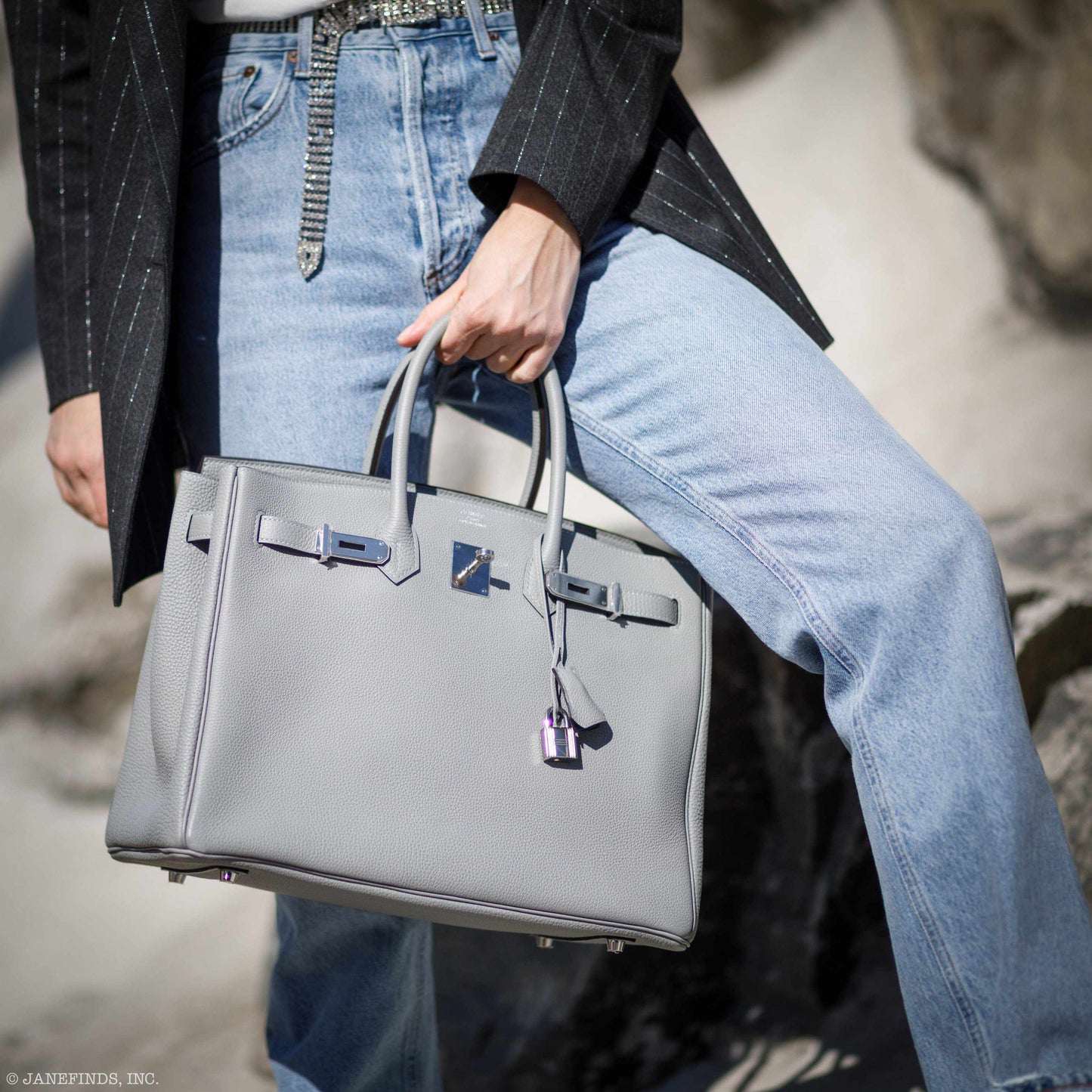 Hermes Birkin 35 Gris Mouette Verso Blue Agate Togo Palladium Hardware - 2016, X