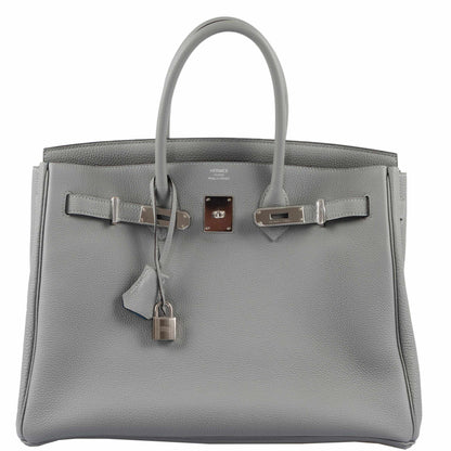 Hermes Birkin 35 Gris Mouette Verso Blue Agate Togo Palladium Hardware - 2016, X