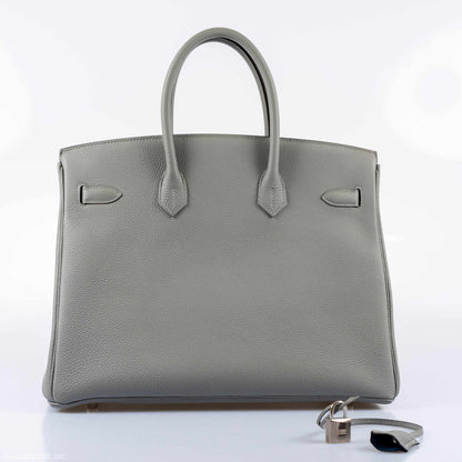 Hermes Birkin 35 Gris Mouette Verso Blue Agate Togo Palladium Hardware - 2016, X