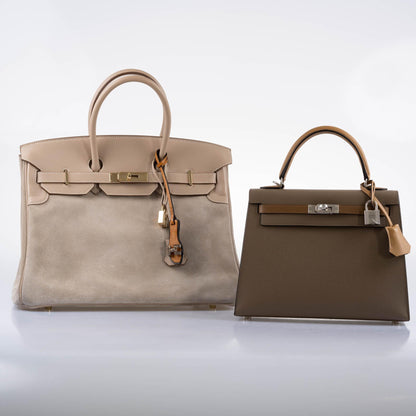 Hermes Birkin 35 Grizzly Argile Veau Doblis Suede & Swift Permabrass Hardware - 2014, R Square