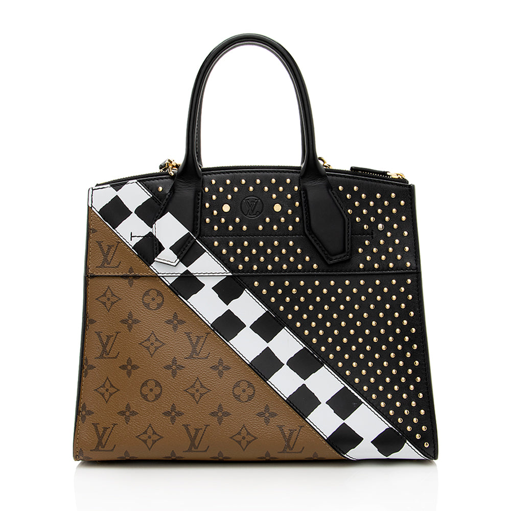 Louis Vuitton Calfskin Reverse Monogram Studded City Steamer MM Tote (SHF-18594)