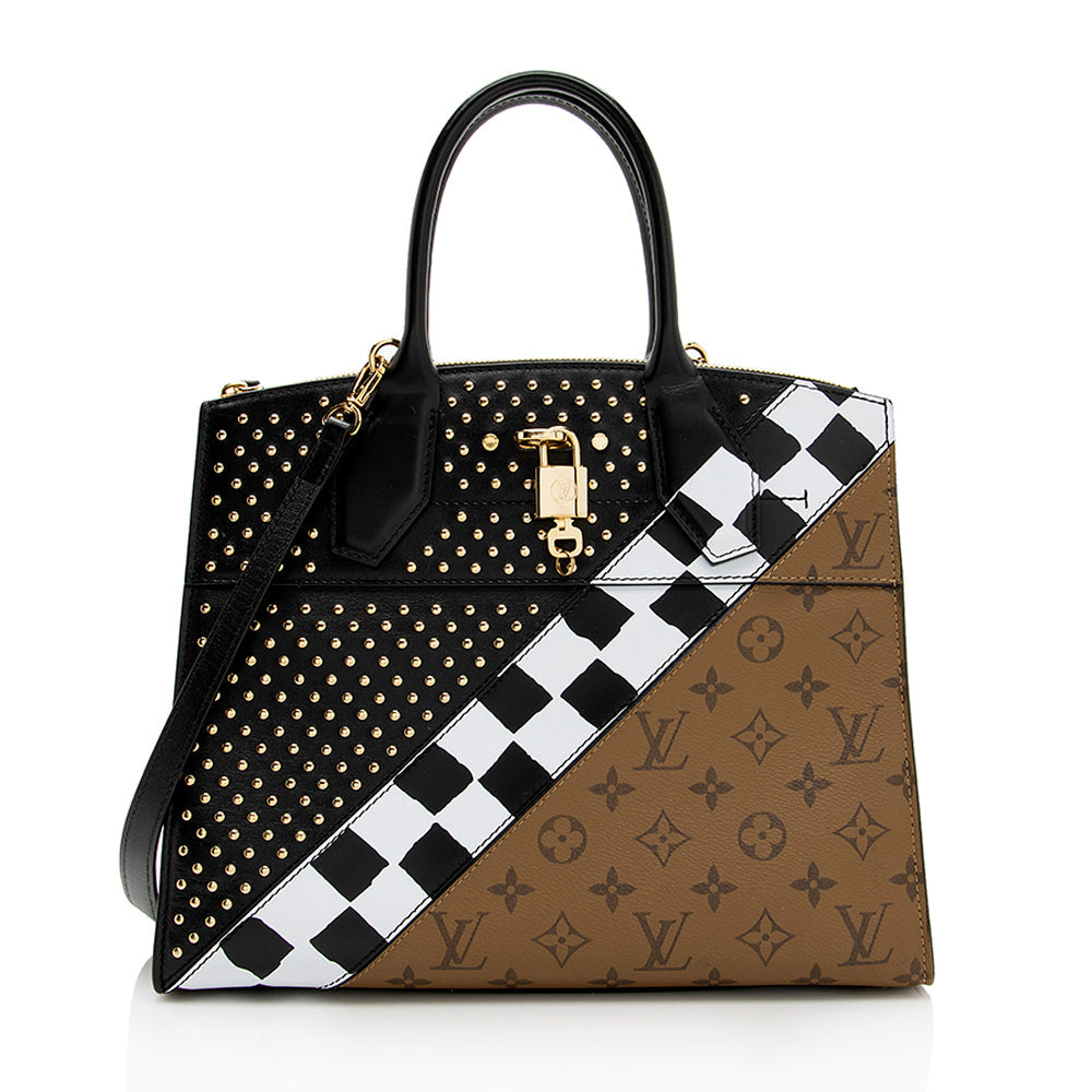 Louis Vuitton Calfskin Reverse Monogram Studded City Steamer MM Tote (SHF-18594)