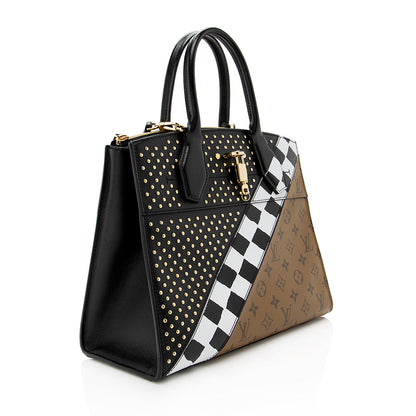 Louis Vuitton Calfskin Reverse Monogram Studded City Steamer MM Tote (SHF-18594)