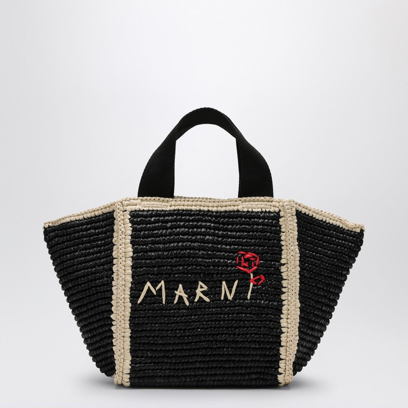 Marni Sillo Small Shopping Bag In Black Raffia-Effect Macramé Women