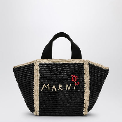 Marni Sillo Small Shopping Bag In Black Raffia-Effect Macramé Women