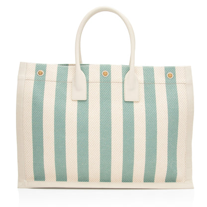 Saint Laurent Canvas Calfskin Striped Rive Gauche Large Tote (SHF-umfpDe)