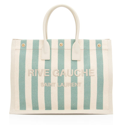 Saint Laurent Canvas Calfskin Striped Rive Gauche Large Tote (SHF-umfpDe)