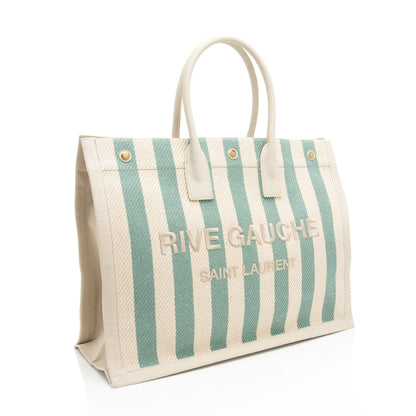 Saint Laurent Canvas Calfskin Striped Rive Gauche Large Tote (SHF-umfpDe)