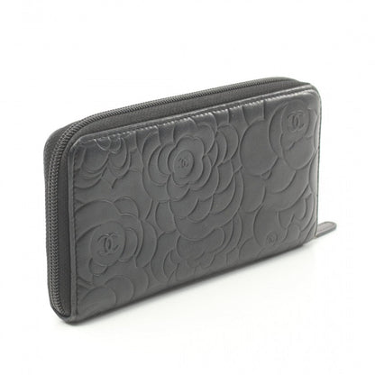 Chanel Lambskin Black Camellia Zip Around Wallet