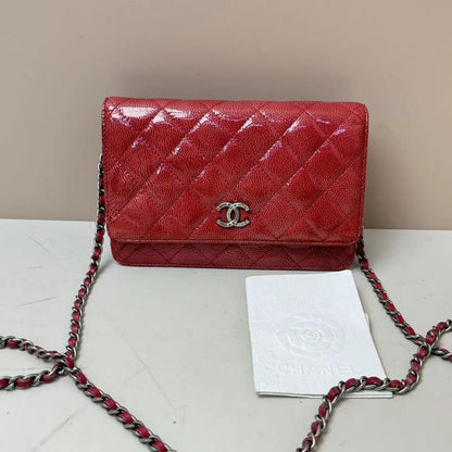 Chanel Caviar Red Patent Leather Wallet On Chain Quilted WOC