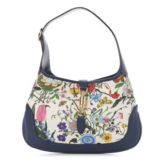 Gucci Jackie Flora Canvas White Blue Agata Hobo Bag