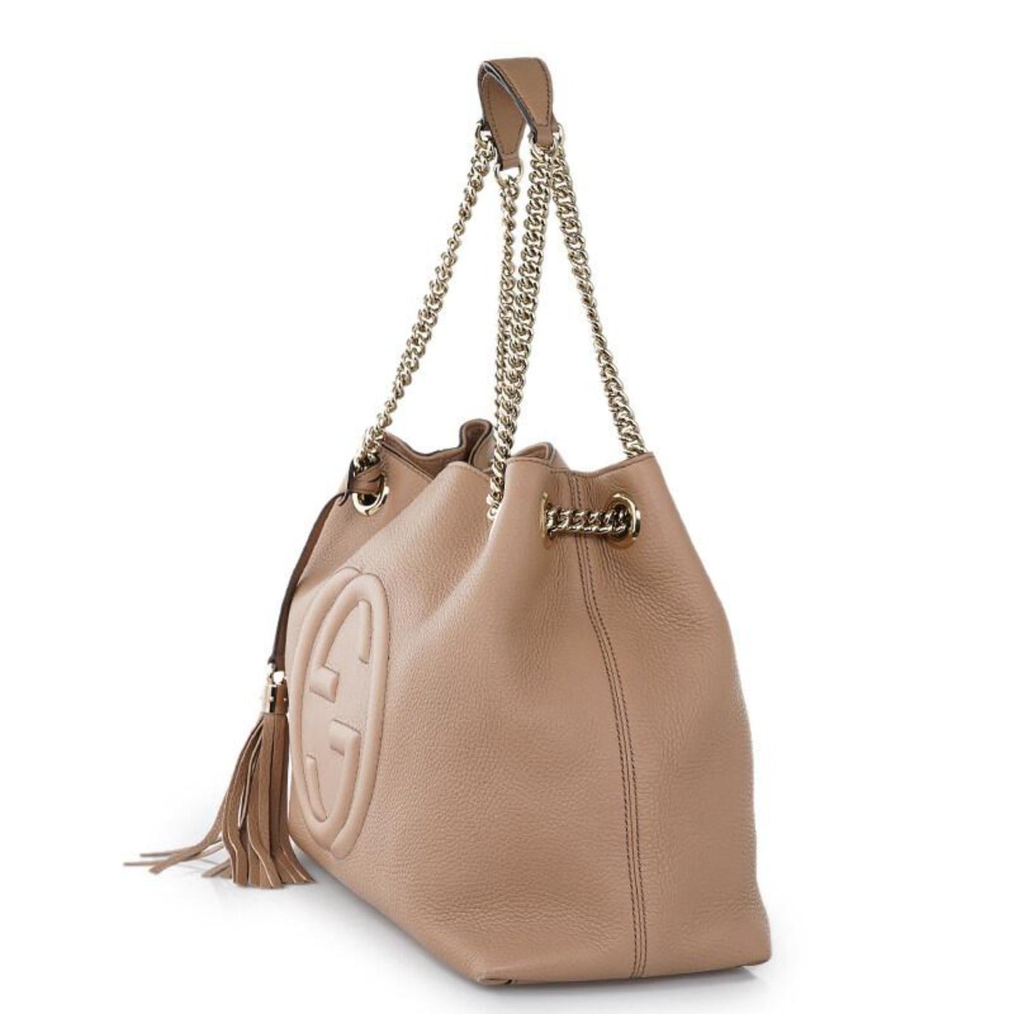 Gucci Soho Camelia Beige Cellarius GG Logo Leather Chain Tote Bag