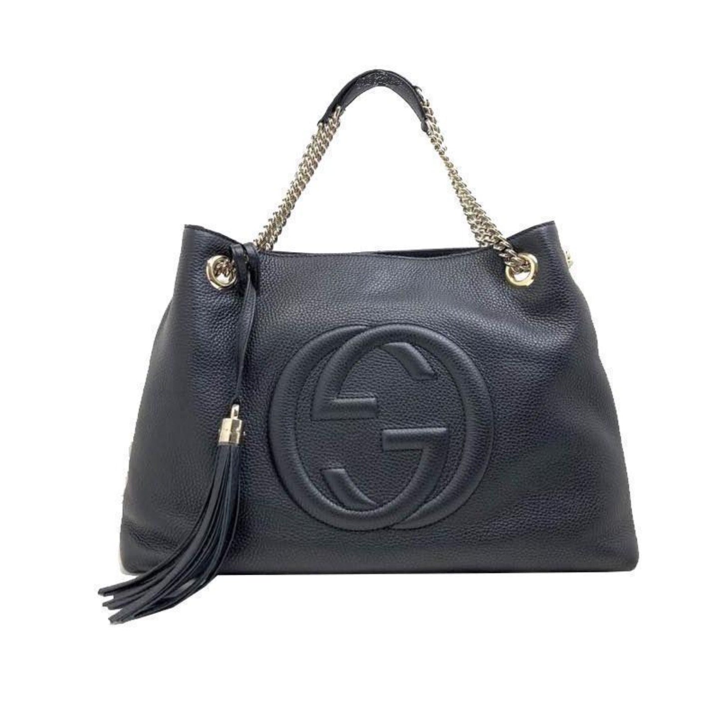 Gucci Soho Black Cellarius GG Logo Leather Chain Tote Bag