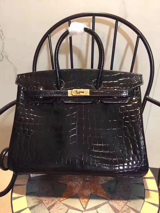 Hermes Birkin 35cm Crocodile Leather Handbag Black Gold