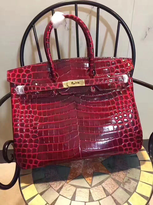 Hermes Birkin 35cm Crocodile Leather Handbag Red Gold