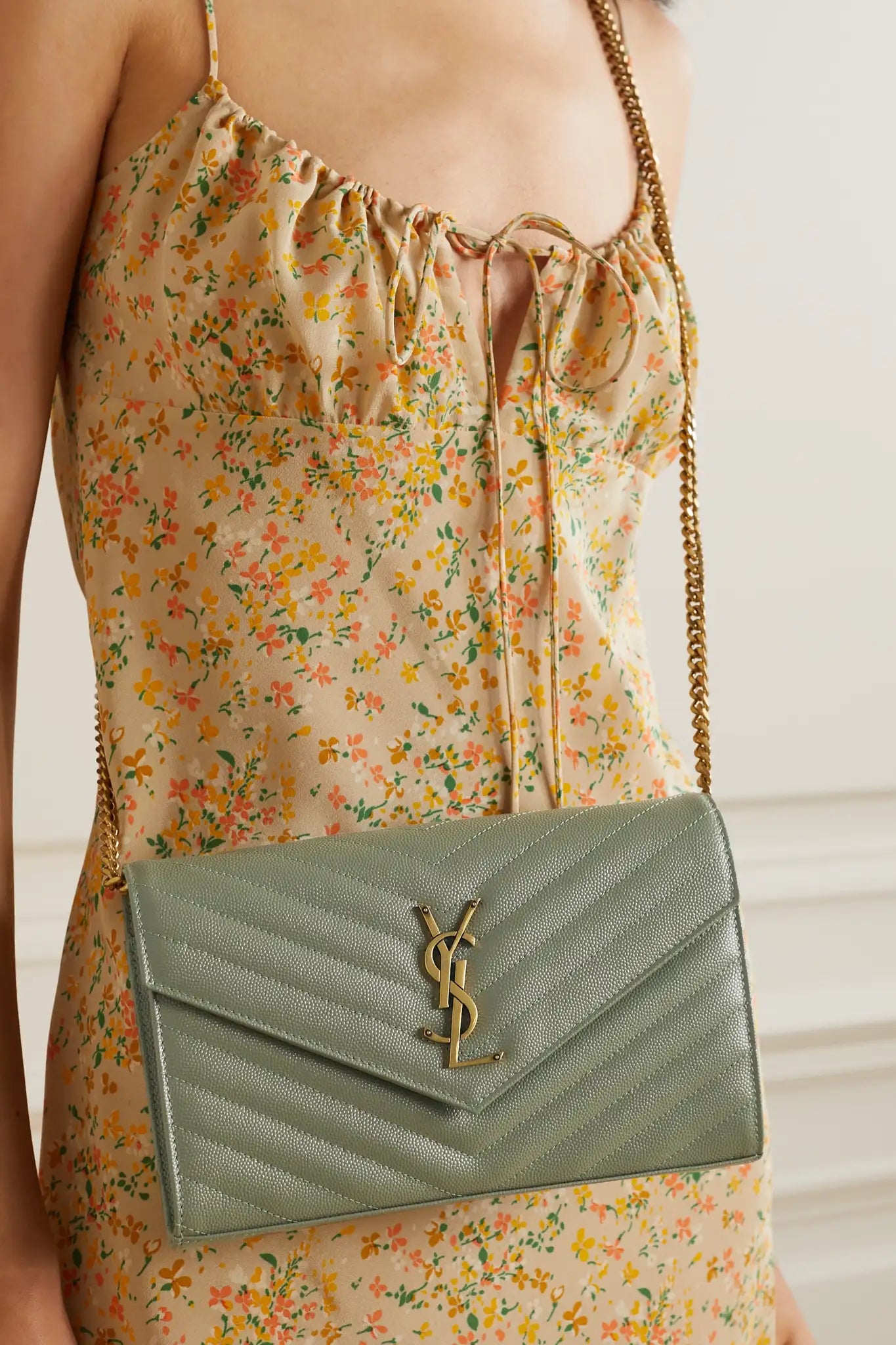 YSL SAINT LAURENT Monogramme quilted textured-leather shoulder bag (Light Green)