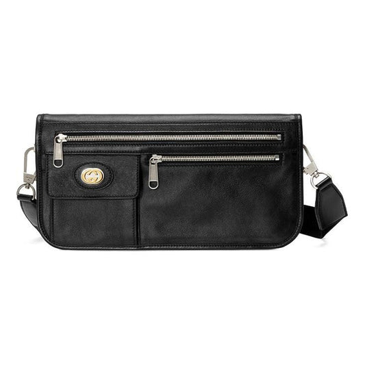 Gucci Metallic Interlock Double G Soft Leather fanny pack Shoulder Messenger Bag Unisex / Black Classic 575837-1GZAX-1000