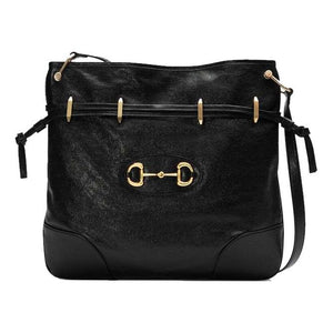 (WMNS) Gucci Horsebit 1955 Retro Gold buckle Leather Drawstring Shoulder Messenger Bag Black 602089-1IV0G-1000