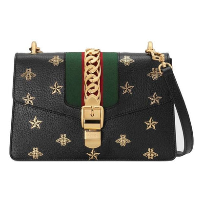 (WMNS) Gucci Sylvie Gold buckle Bee Pattern Stripe Webbing Bow handbag Small Black Classic 524405-DJ2RG-8571