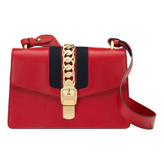 (WMNS) Gucci Sylvie Gold buckle Stripe Webbing Bow Wide Version Leather handbag Small Red 421882-CVLEG-8604