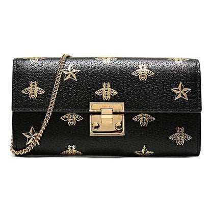 (WMNS) Gucci Padlock Metallic Bee Star Printing Leather Chain Wallet Shoulder Bag Armpit Black Handbag 453506-DJ2KG-8474