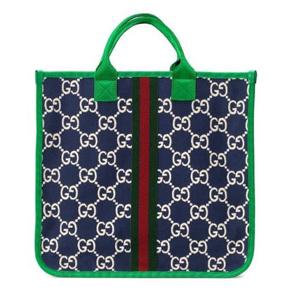 (WMNS) Gucci Logo Stripe Webbing Tote Kids Kid's Navy Blue / Green Handbag 605831-H0GA0-4974