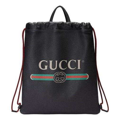 Gucci Print Retro Logo Printing Leather Drawstring Schoolbag Backpack Unisex Black 494053-0GCBT-8163