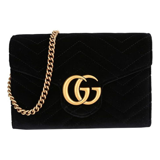 (WMNS) Gucci GG Marmont Gold Logo Distress Velvet Chain Shoulder Messenger Bag Mini Black 474575-9QIDT-1000