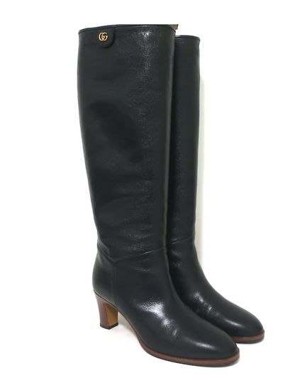 Gucci Piuma Lux Black Leather Knee High Mid Heel Boots Size 39