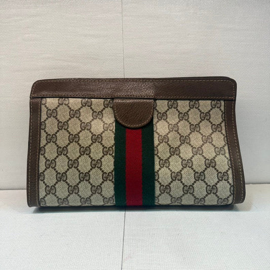 Gucci Ophidia Beige Brown GG Supreme Canvas Clutch Medium