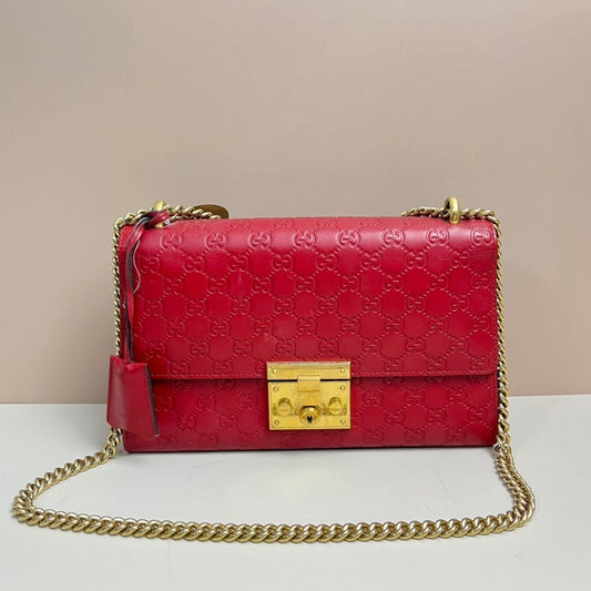 Gucci GG Red Leather Padlock Chain Shoulder Bag Medium