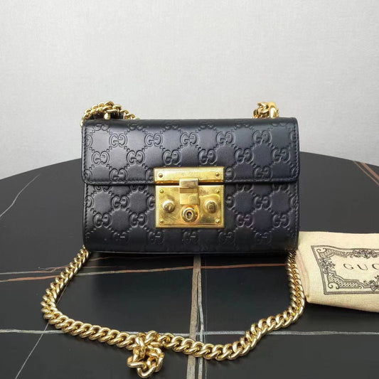 Gucci Padlock Black Leather GG Embossed Chain Shoulder Bag Medium