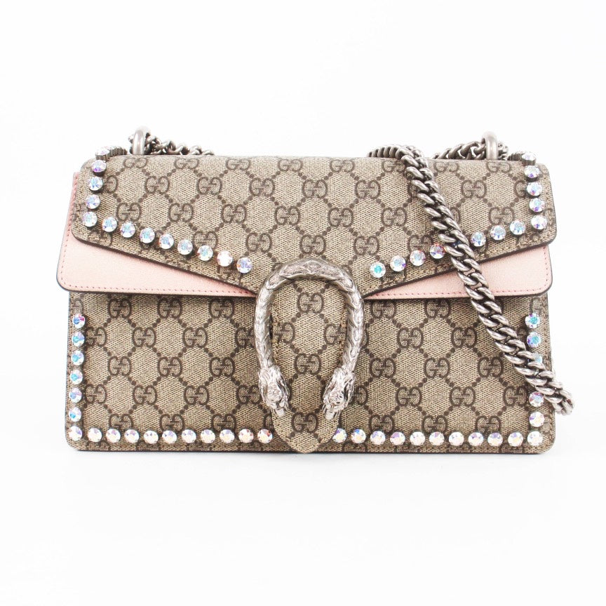 Gucci Dionysus Brown Beige GG Canvas Embellished Chain Bag 27x6x16cm