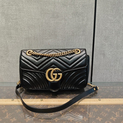 Gucci GG Marmont Black Leather Chain Shoulder Bag 26x15x7cm