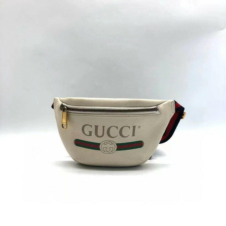 Gucci White Bum Bag with Web Stripe Design and Gold Zipper - Medium Size