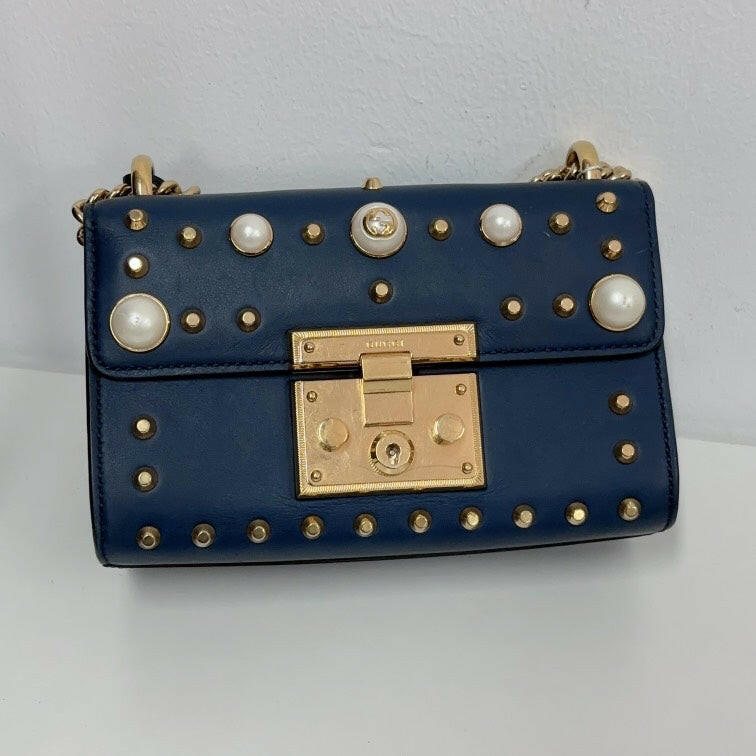 Gucci Padlock Bag Navy Blue with Gold and Pearl Studs, Small Size.