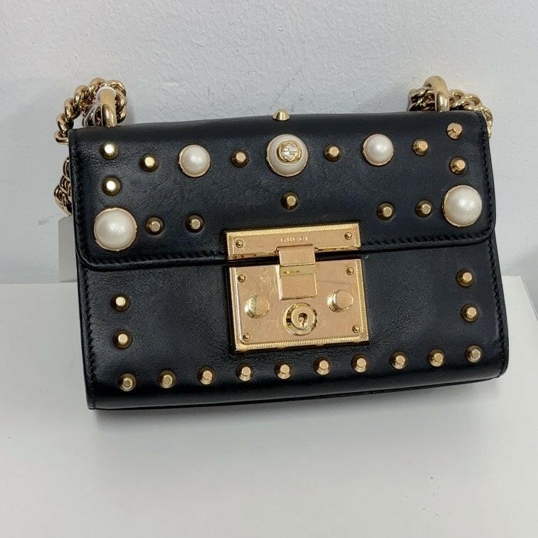 Gucci Black Padlock Bag with Pearl and Stud Accents Medium Size.