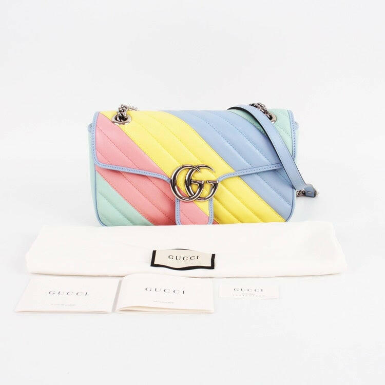 Gucci GG Marmont Small Bag Multicolor Pastel Chevron Quilted Leather.